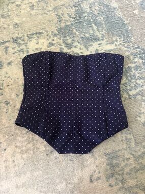White Fox Boutique Navy Blue Polka Dot Strapless Corset Top